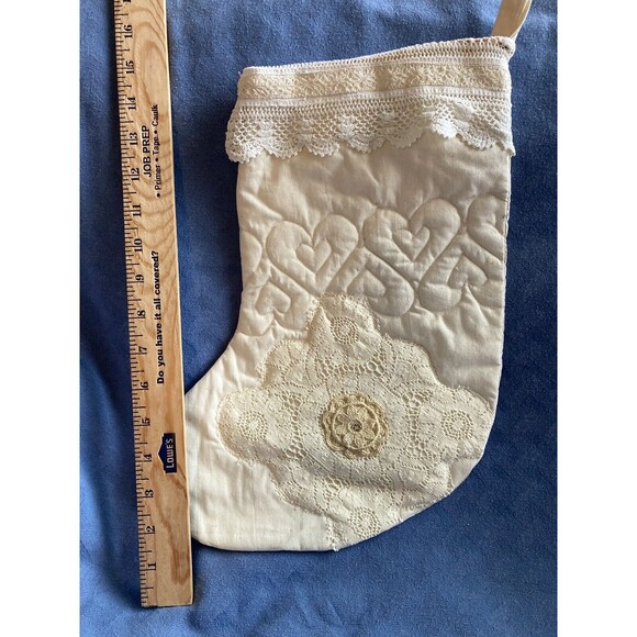 Quilted CHRISTMAS STOCKING Ivory Vintage Lace Holiday Decor - Picture 3 of 5